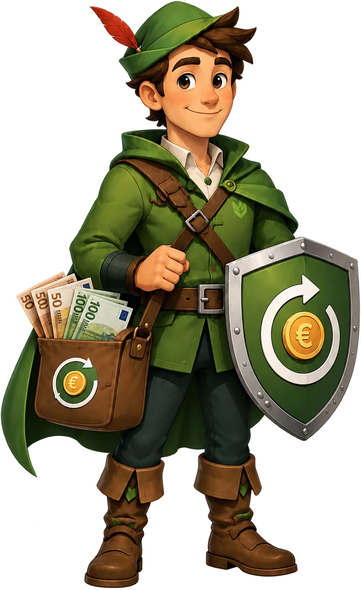 Robin, das Maskottchen der Plattform, mit Geldtasche und Schild